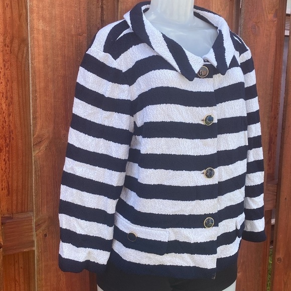 St. John Blue and White Striped Button-Up Jacket 18 - Picture 4 of 10